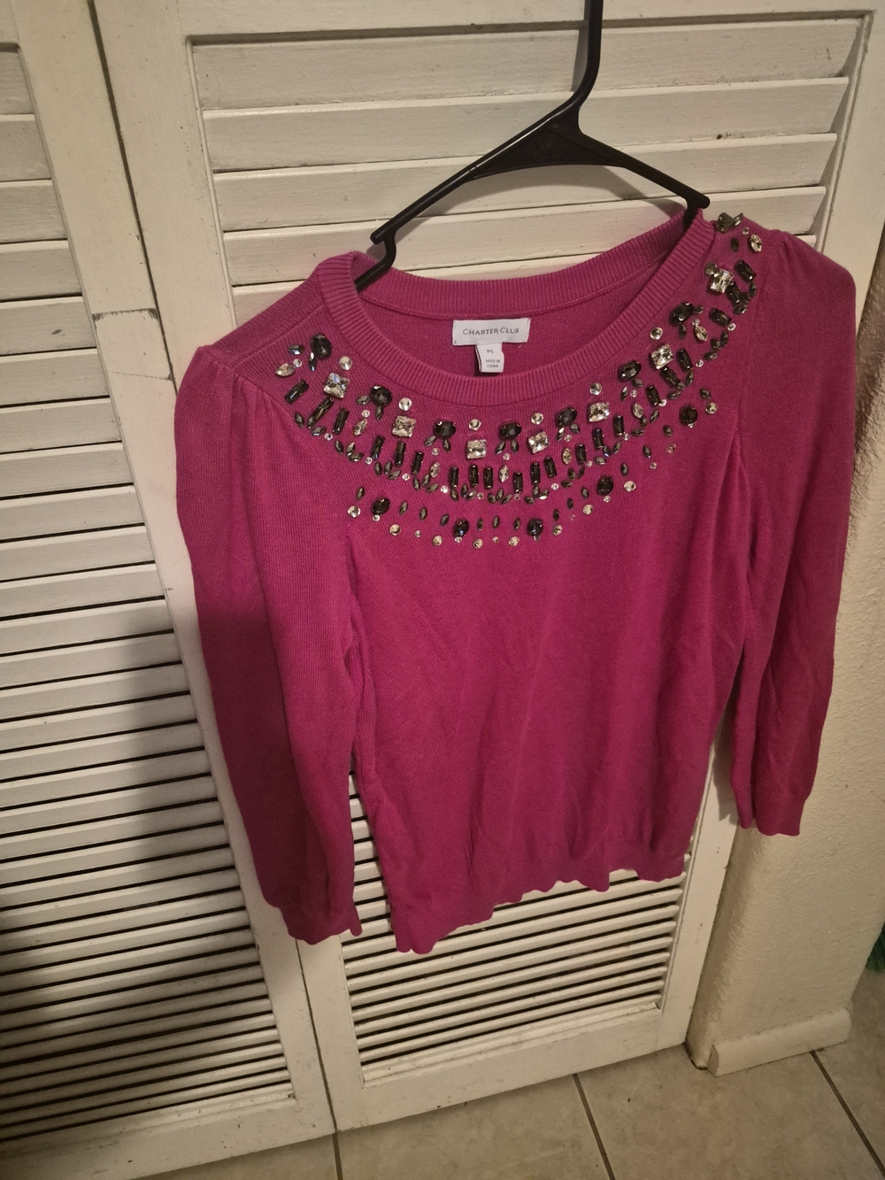 Charter Club Fuchsia Jeweled Crewneck Sweater